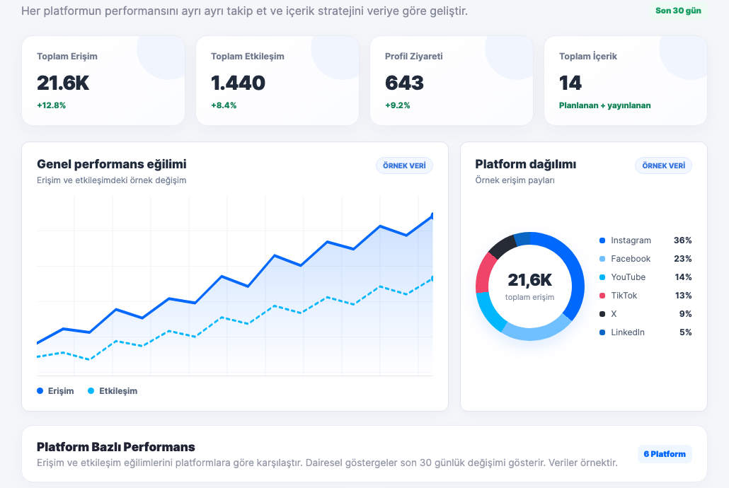 İstatistikler: erişim ve etkileşim özetleri, performans grafiği ve platform dağılımı